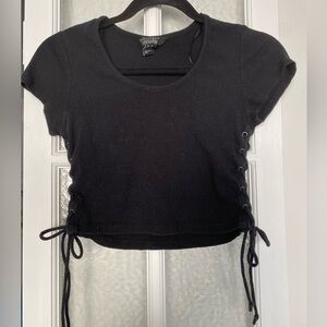 Black Lace-Up Ribbed Crop Top